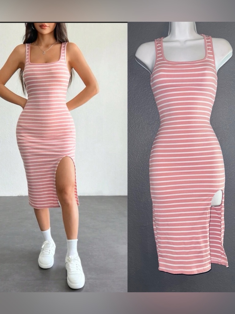 Women’s Pink & White Striped Midi Sundress Bodycon Dress size Small - Medium